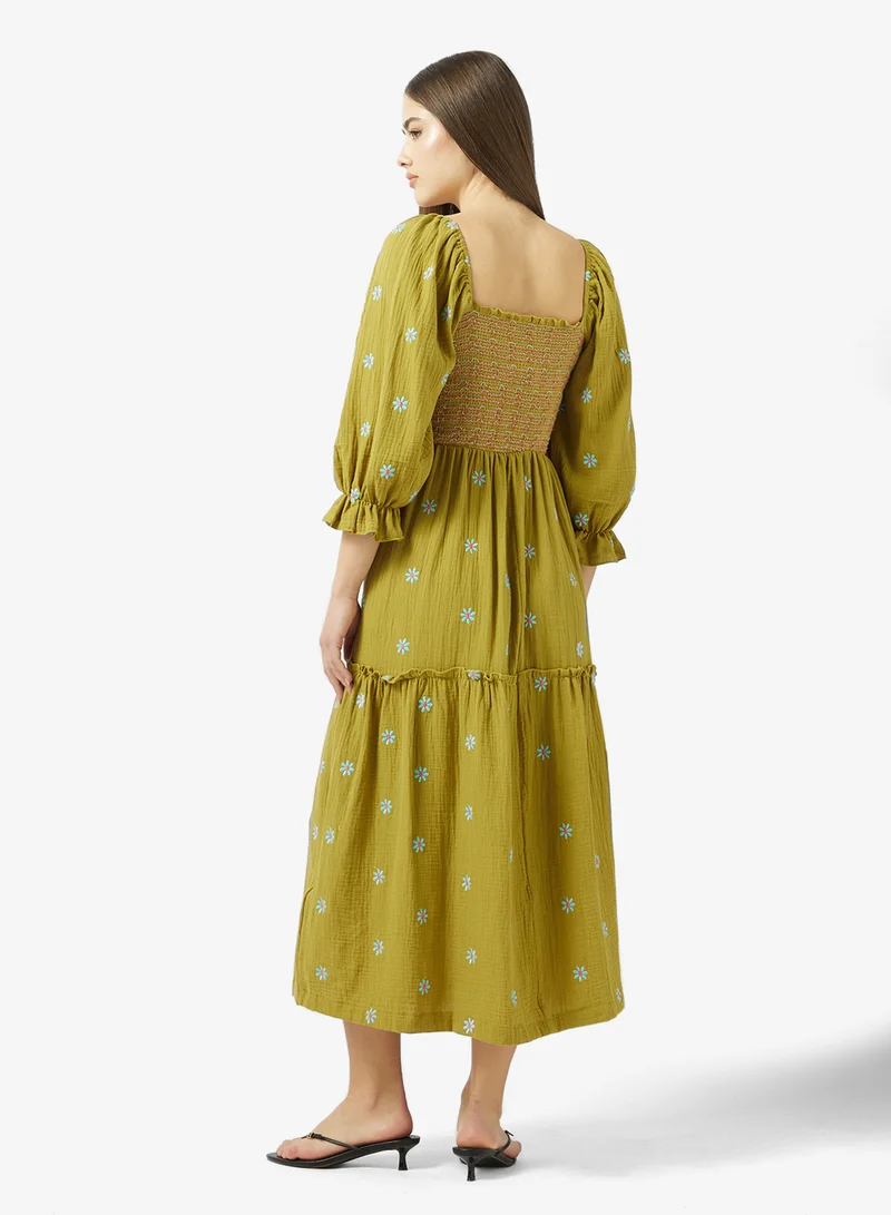 جينجر Puff Sleeves Smocked Floral A Line Dress